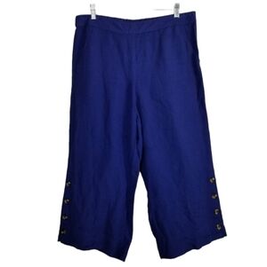 Zac & Rachel Womens Linen Wide Leg Cropped Pants Pull On Blue Buttons Size 12